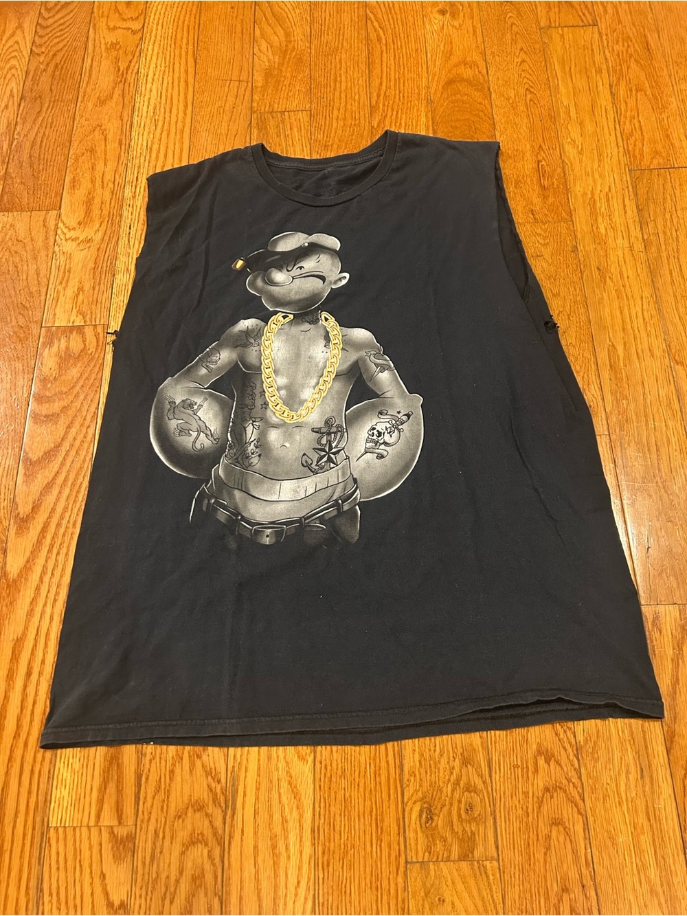 Popeye Graphic Muscle Tank Top Men's XL Black Tattoo Style Gangster Cutoff Shirt - Picture 2 of 10